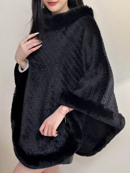 1pc Knitted Textured Women Hooded Poncho Shawl, Soft Faux Rabbit Fur Collar, Loose Fit Autumn/Winter Outerwear Cape For Dress