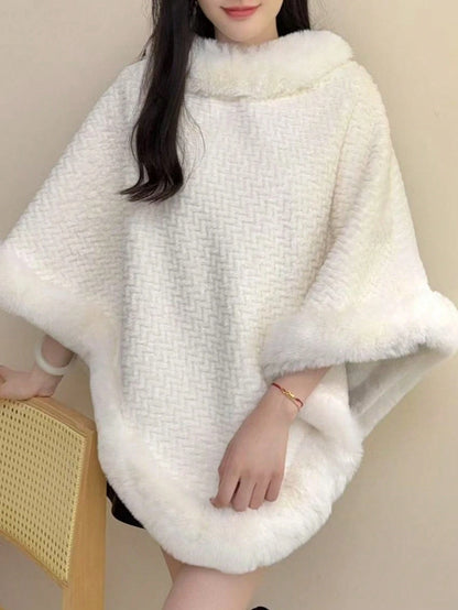 1pc Knitted Textured Women Hooded Poncho Shawl, Soft Faux Rabbit Fur Collar, Loose Fit Autumn/Winter Outerwear Cape For Dress