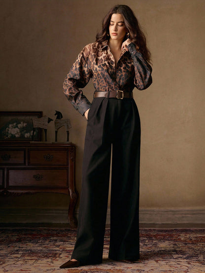 Vintage Elegant Ombre Leopard Print Stand Collar Long Sleeve Women Shirt, Suitable For Fall/Winter, Christmas, New Year, Elegant, Luxury, Chic, Casual