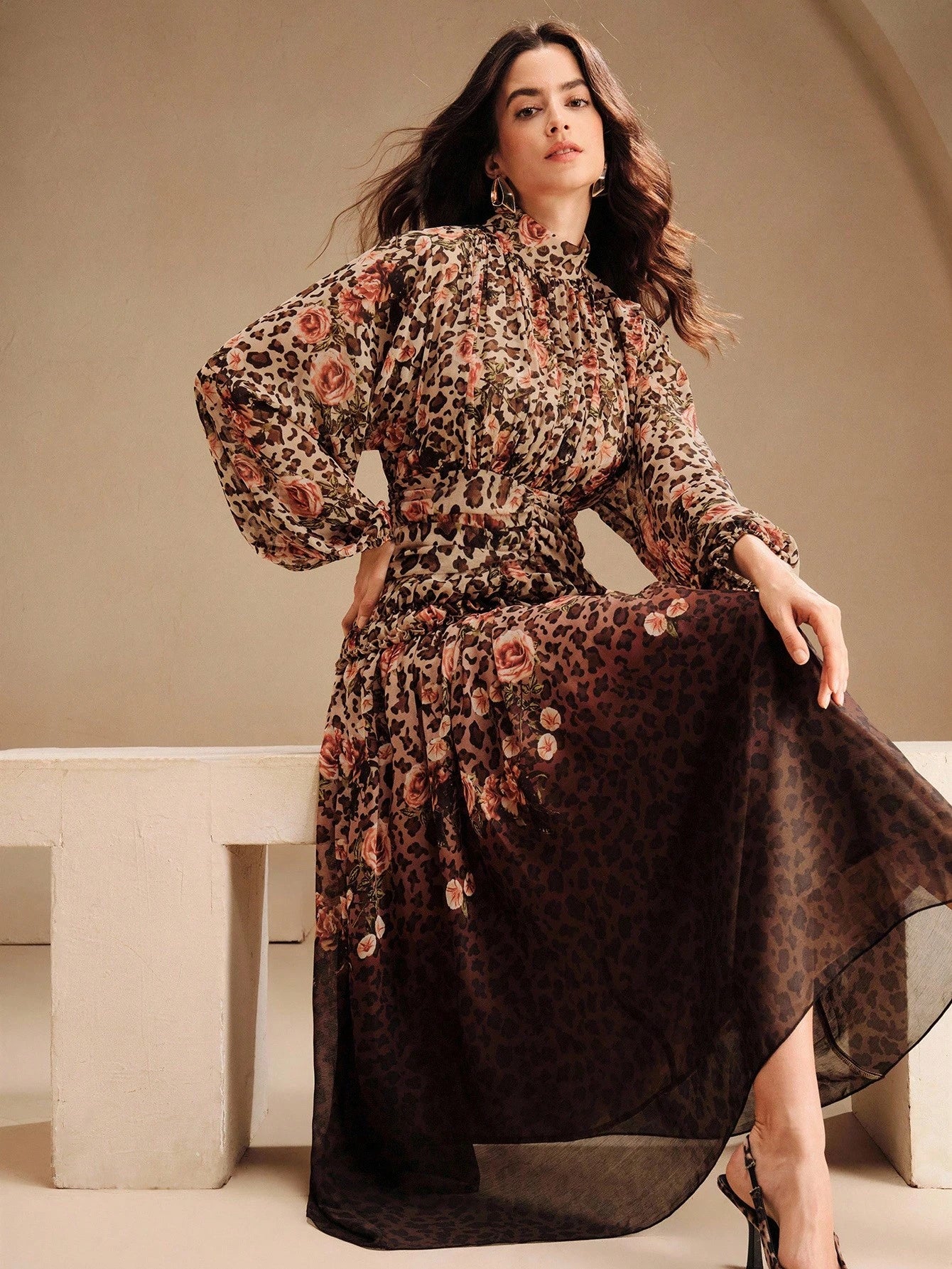 Women's High-End Leopard Print Gradient Vintage Stand Collar Maxi Dress, Elegant, Chic, Suitable For Fall, Autumn, Party, Christmas, New Year