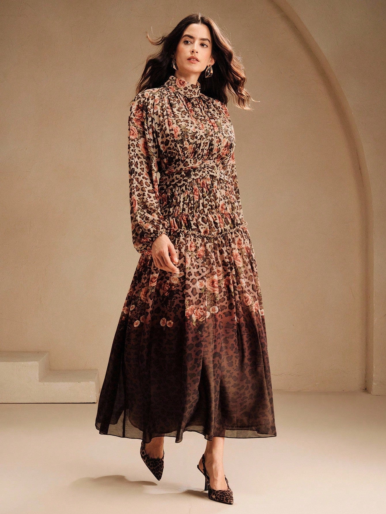 Women's High-End Leopard Print Gradient Vintage Stand Collar Maxi Dress, Elegant, Chic, Suitable For Fall, Autumn, Party, Christmas, New Year