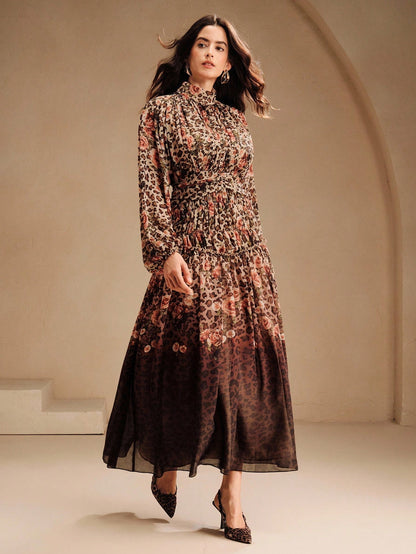 Women's High-End Leopard Print Gradient Vintage Stand Collar Maxi Dress, Elegant, Chic, Suitable For Fall, Autumn, Party, Christmas, New Year