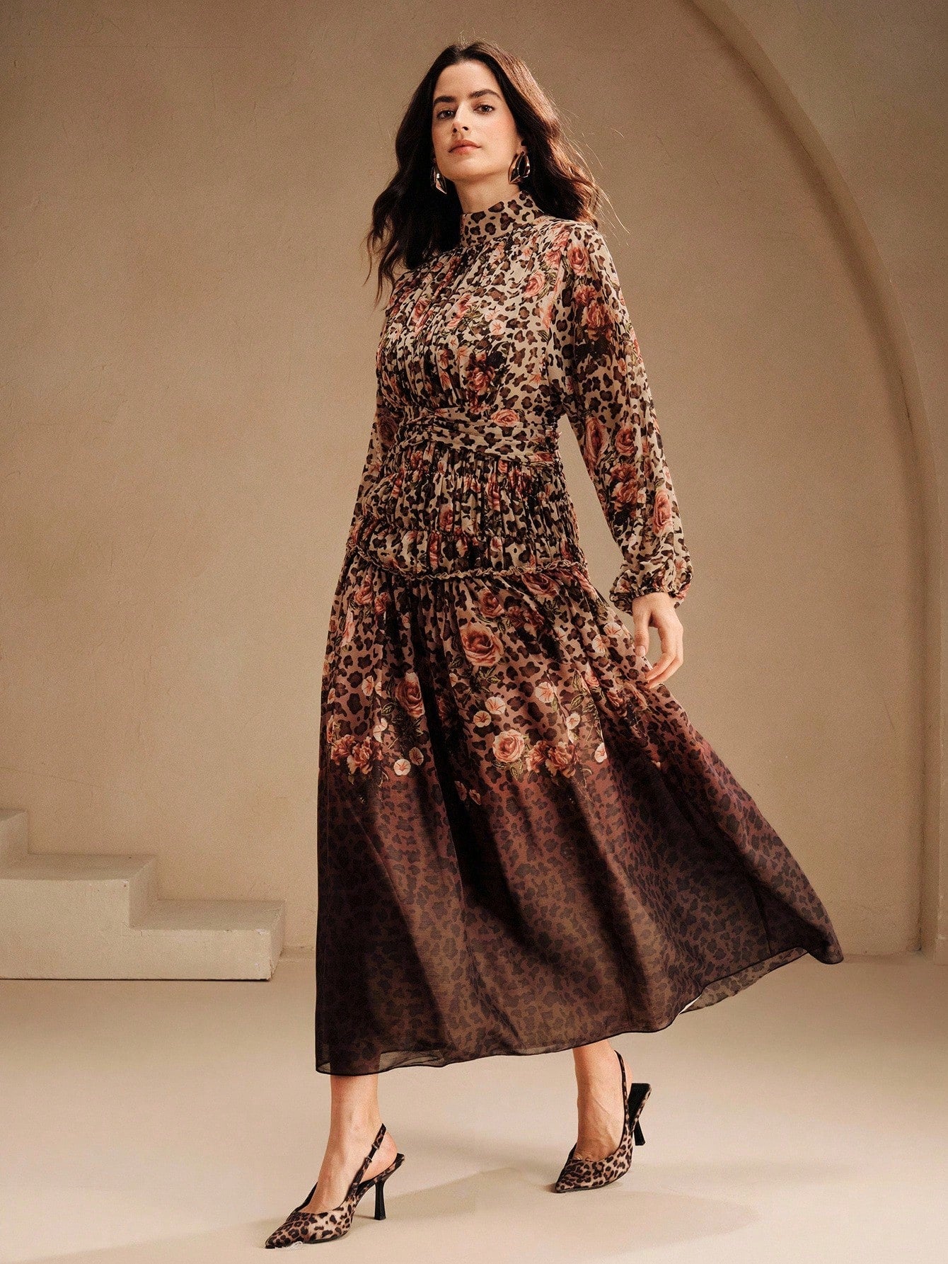 Women's High-End Leopard Print Gradient Vintage Stand Collar Maxi Dress, Elegant, Chic, Suitable For Fall, Autumn, Party, Christmas, New Year