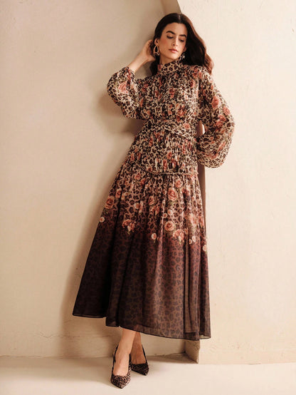 Women's High-End Leopard Print Gradient Vintage Stand Collar Maxi Dress, Elegant, Chic, Suitable For Fall, Autumn, Party, Christmas, New Year