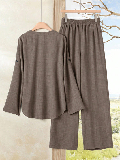 Women's Casual Solid Color Notched Neck Ruffle Sleeve Top And Elastic Waist Wide Leg Pants Set
