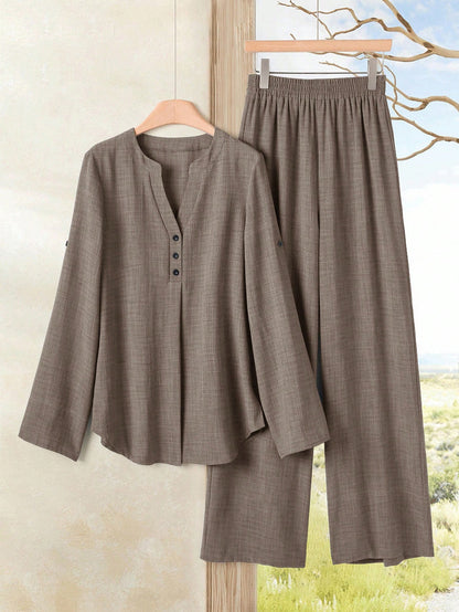 Women's Casual Solid Color Notched Neck Ruffle Sleeve Top And Elastic Waist Wide Leg Pants Set
