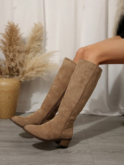 Women's Suede Knee-High Boots With Side Zipper And Chunky Heel