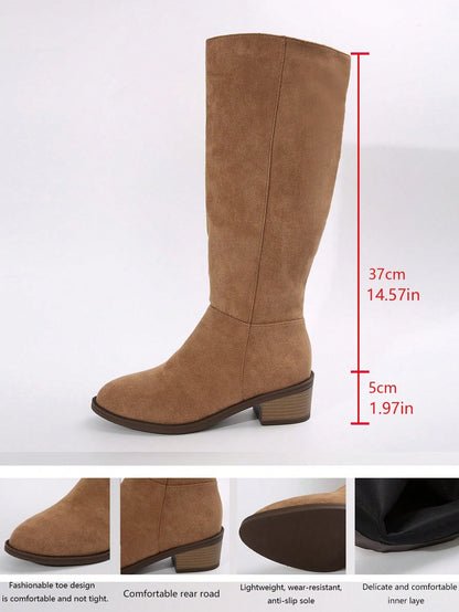 Women's Suede Knee-High Boots With Side Zipper And Chunky Heel