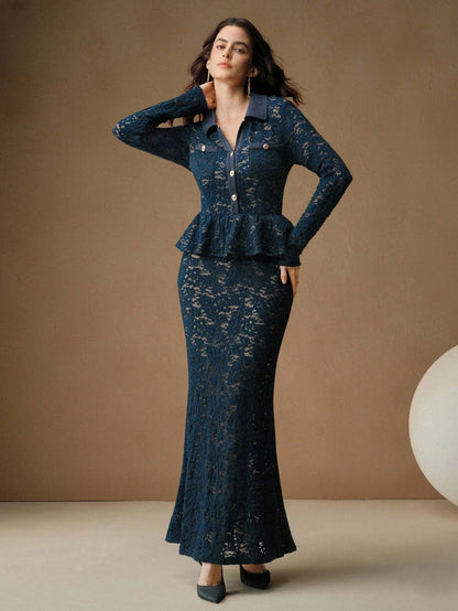 New Elegant Romantic Lady-Like Chic Dress, Collar With Ruffle Trim, Lightweight Hollow-Out Dress, Suitable For Fall, Winter, New Year, Elegant, Chic, Stylish, Christmas, Going Out