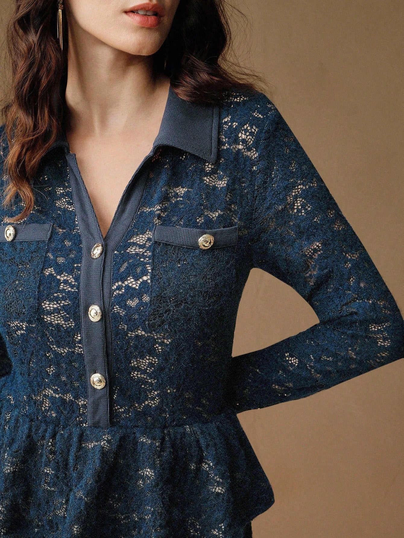 New Elegant Romantic Lady-Like Chic Dress, Collar With Ruffle Trim, Lightweight Hollow-Out Dress, Suitable For Fall, Winter, New Year, Elegant, Chic, Stylish, Christmas, Going Out