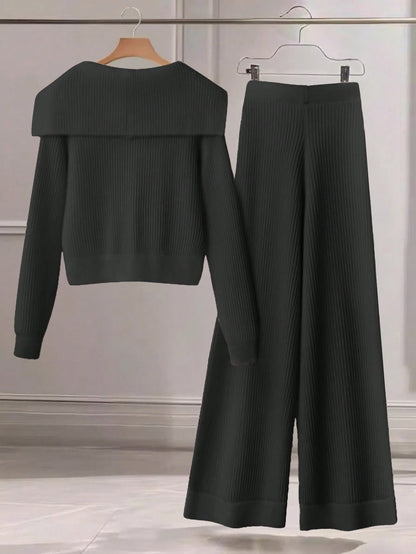 Women Casual Solid Color Knit Sweater Set, Collared Button-Up Cardigan And Front Bow Pocket Knit Pants