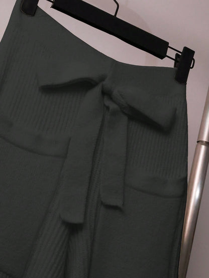 Women Casual Solid Color Knit Sweater Set, Collared Button-Up Cardigan And Front Bow Pocket Knit Pants