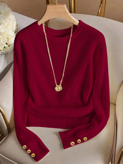 Elegant Round Neck Knit T-Shirt, Minimalist Fashion Knit Top, Autumn/Winter