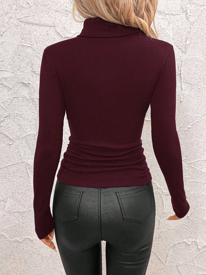 Women's Stand Collar Gathered Warm T-Shirt
