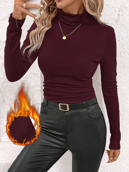 Women's Stand Collar Gathered Warm T-Shirt