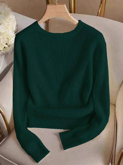 Elegant Round Neck Knit T-Shirt, Minimalist Fashion Knit Top, Autumn/Winter