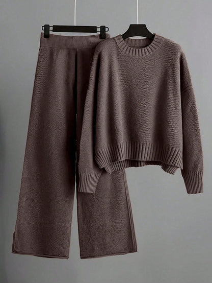 2pcs/Set Solid Color Crew Neck Long Sleeve Top And Pants Casual Outfit Fall Winter Cloth For Women