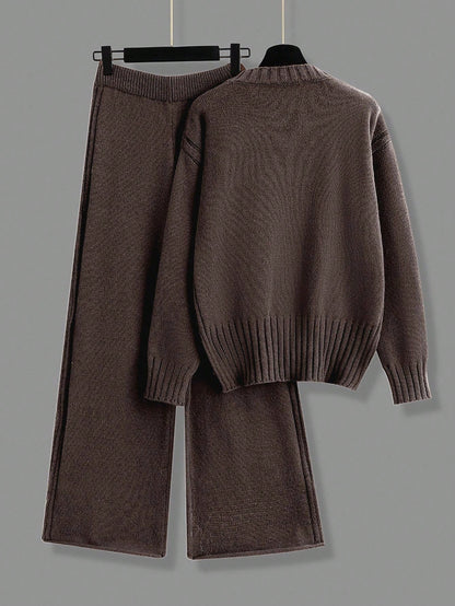 2pcs/Set Solid Color Crew Neck Long Sleeve Top And Pants Casual Outfit Fall Winter Cloth For Women