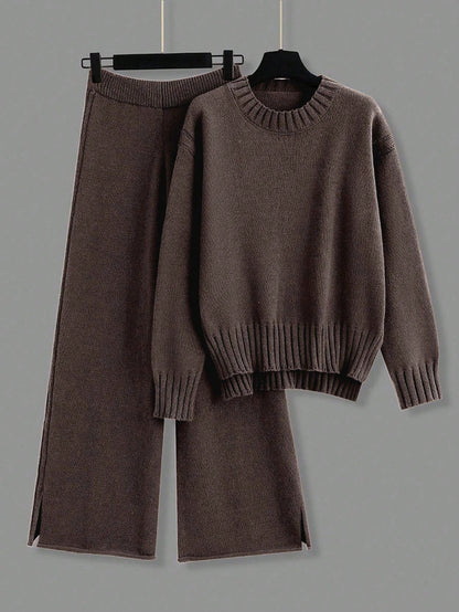 2pcs/Set Solid Color Crew Neck Long Sleeve Top And Pants Casual Outfit Fall Winter Cloth For Women