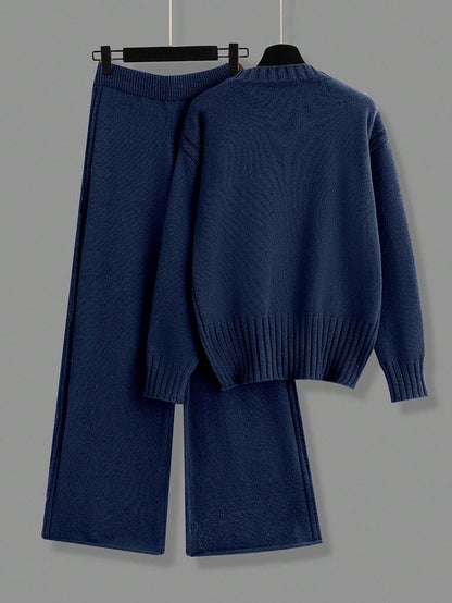 2pcs/Set Solid Color Crew Neck Long Sleeve Top And Pants Casual Outfit Fall Winter Cloth For Women