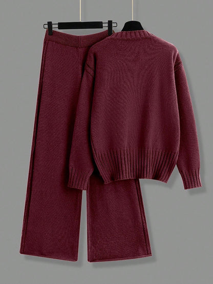 2pcs/Set Solid Color Crew Neck Long Sleeve Top And Pants Casual Outfit Fall Winter Cloth For Women