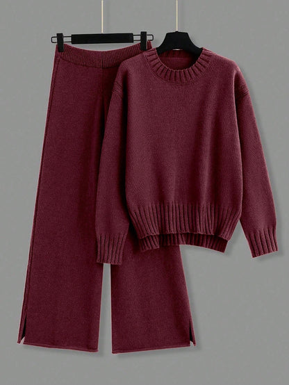 2pcs/Set Solid Color Crew Neck Long Sleeve Top And Pants Casual Outfit Fall Winter Cloth For Women