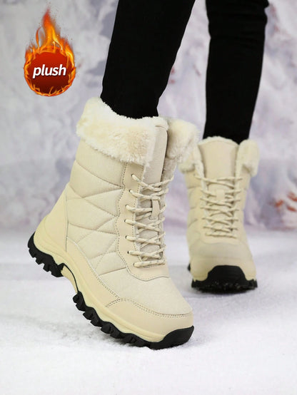 Women's Snow Boots, New Autumn/Winter High-Top Mid-Calf Lace-Up Comfortable Thick-Soled Non-Slip Durable Solid Casual Boots, Fashionable Outdoor Hiking Adventure, Thick Plush Lining, Waterproof Leather Upper, Comfortable And Warm