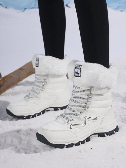 Women's Snow Boots, New Autumn/Winter High-Top Mid-Calf Lace-Up Comfortable Thick-Soled Non-Slip Durable Solid Casual Boots, Fashionable Outdoor Hiking Adventure, Thick Plush Lining, Waterproof Leather Upper, Comfortable And Warm