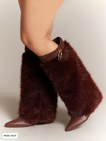 Women's Wide-Calf Fashionable Hidden Wedge Point Toe Fluffy Faux Fur Knee-High Boots
