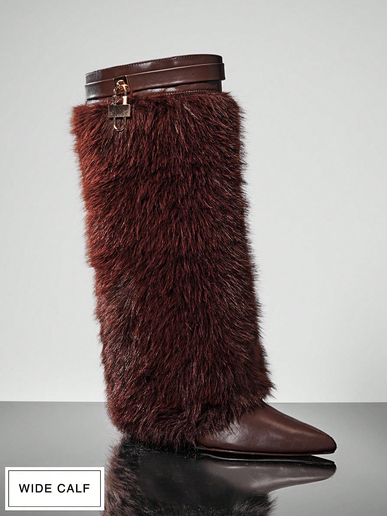 Women's Wide-Calf Fashionable Hidden Wedge Point Toe Fluffy Faux Fur Knee-High Boots