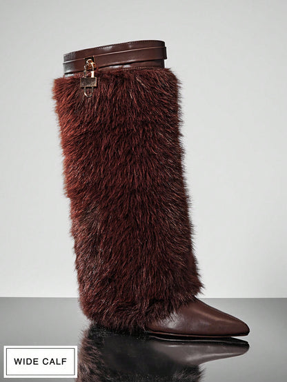Women's Wide-Calf Fashionable Hidden Wedge Point Toe Fluffy Faux Fur Knee-High Boots