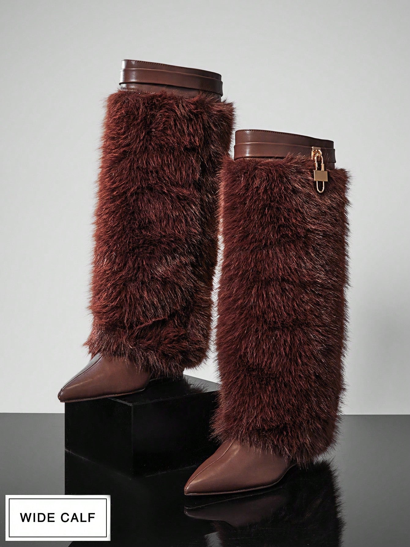 Women's Wide-Calf Fashionable Hidden Wedge Point Toe Fluffy Faux Fur Knee-High Boots