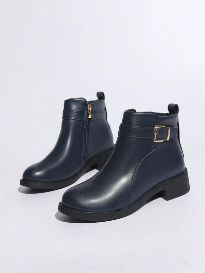Women's Autumn/Winter Leather-Textured Boots, Side Zipper For Easy On/Off, Chunky Heel Comfortable Wear, Warm Lining, Versatile For Commute, Work, Outings, Elegant & Classy British Style Ankle Boots