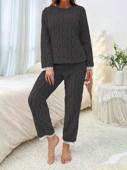 Women's Coral Fleece Solid Color Lace Trim Thick Casual Pajama Set