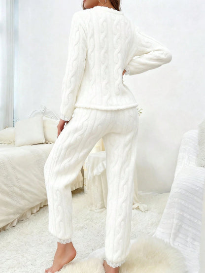 Women's Coral Fleece Solid Color Lace Trim Thick Casual Pajama Set