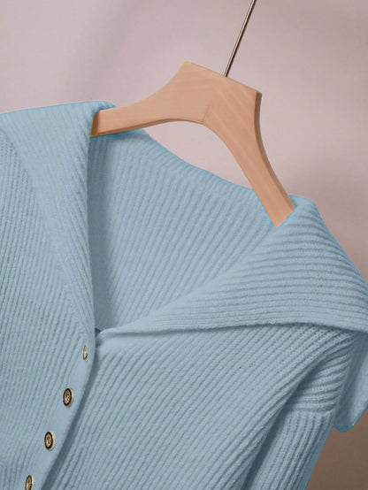 Women Casual Solid Color Knit Sweater Set, Collared Button-Up Cardigan And Front Bow Pocket Knit Pants
