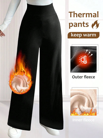 Women's High Waist Fleece Wide Leg Pants - Solid Color, Soft Brushed Comfortable Loose Fit, Warm Design, Casual Pants For Autumn/Winter, Outdoor Versatile Straight Leg Trousers With Elastic Waistband