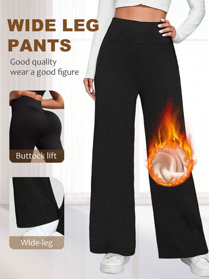 Women's High Waist Fleece Wide Leg Pants - Solid Color, Soft Brushed Comfortable Loose Fit, Warm Design, Casual Pants For Autumn/Winter, Outdoor Versatile Straight Leg Trousers With Elastic Waistband