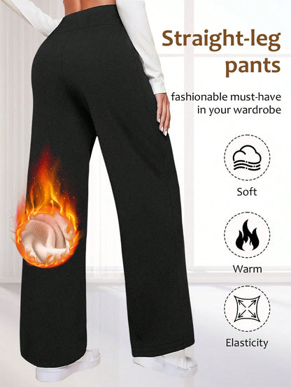 Women's High Waist Fleece Wide Leg Pants - Solid Color, Soft Brushed Comfortable Loose Fit, Warm Design, Casual Pants For Autumn/Winter, Outdoor Versatile Straight Leg Trousers With Elastic Waistband