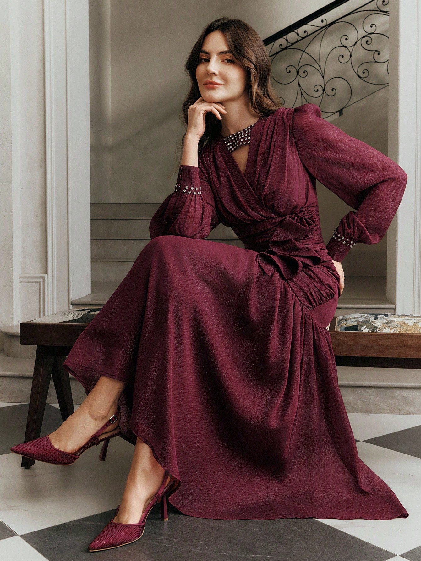 High Quality Elegant Standard Size Women's Dress With Rhinestone Rose Embroidery Decor, Formal Party Long Sleeve Dress