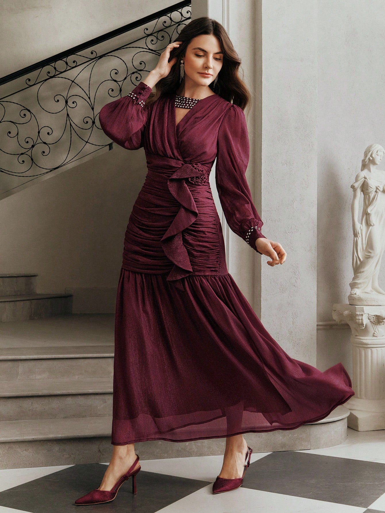 High Quality Elegant Standard Size Women's Dress With Rhinestone Rose Embroidery Decor, Formal Party Long Sleeve Dress