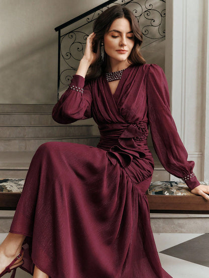 High Quality Elegant Standard Size Women's Dress With Rhinestone Rose Embroidery Decor, Formal Party Long Sleeve Dress