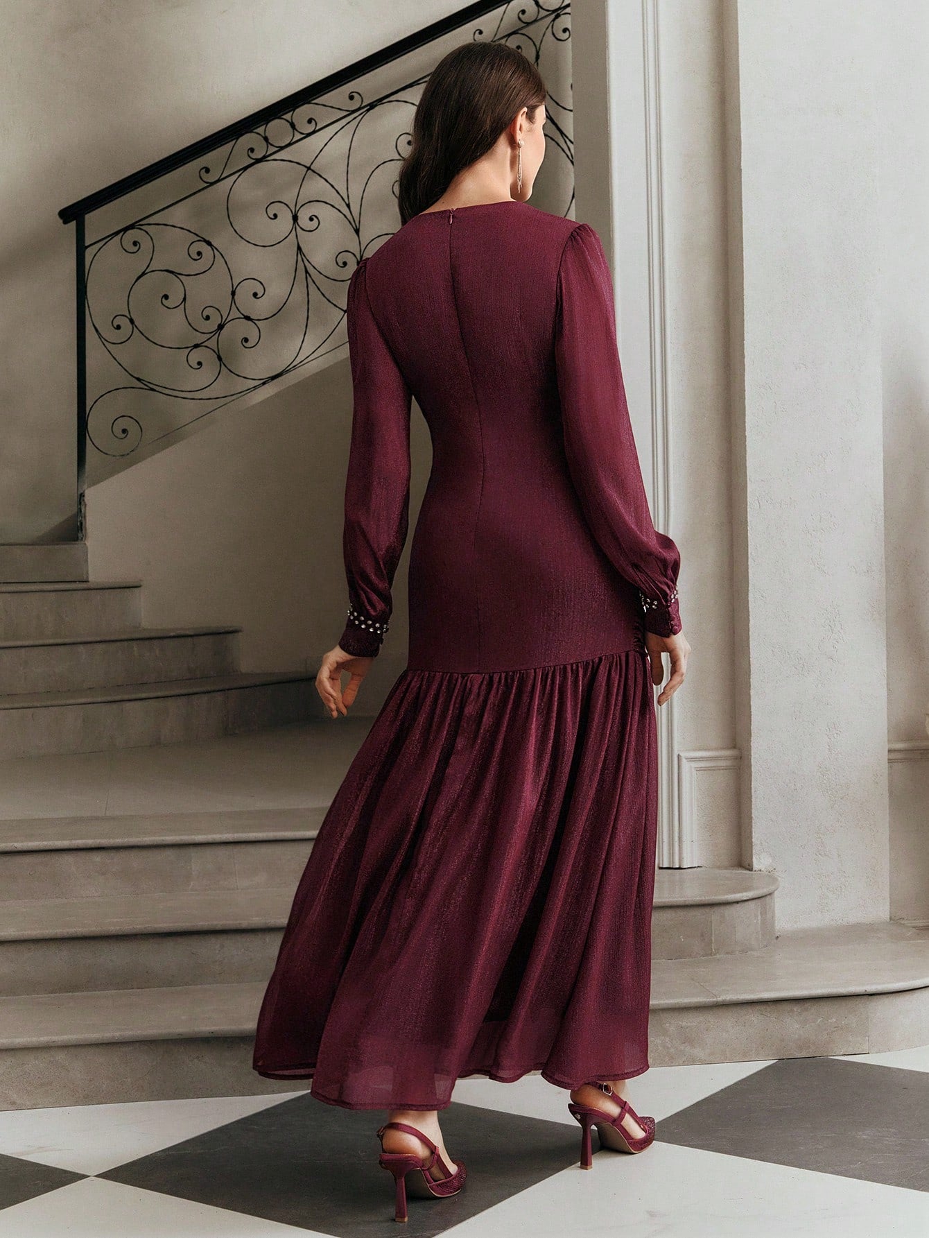 High Quality Elegant Standard Size Women's Dress With Rhinestone Rose Embroidery Decor, Formal Party Long Sleeve Dress