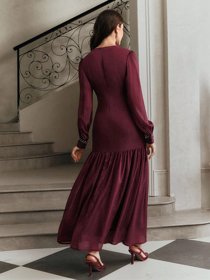 High Quality Elegant Standard Size Women's Dress With Rhinestone Rose Embroidery Decor, Formal Party Long Sleeve Dress