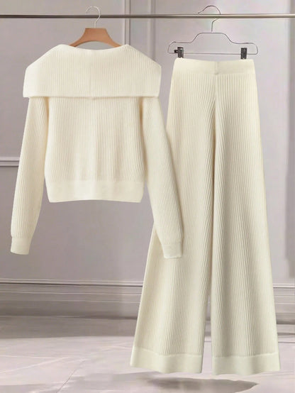 Women Casual Solid Color Knit Sweater Set, Collared Button-Up Cardigan And Front Bow Pocket Knit Pants