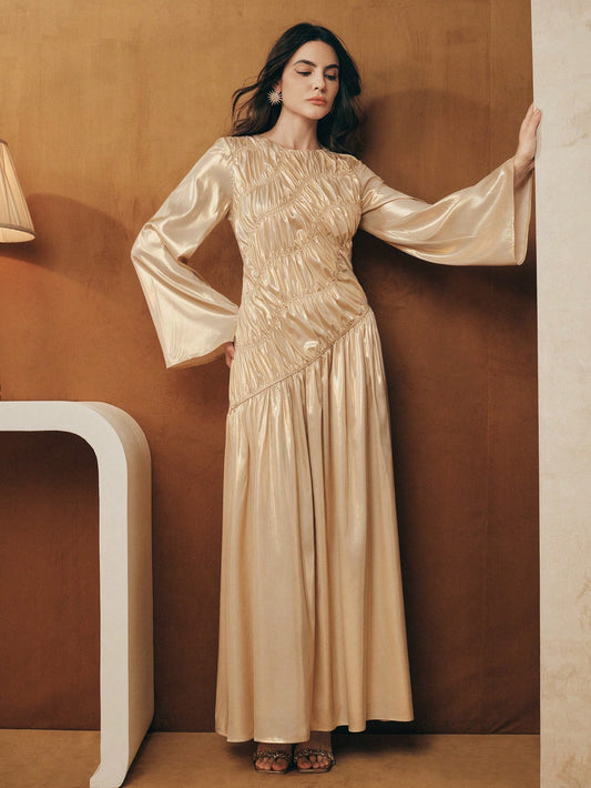 Elegant Asymmetrical Pleated Drawstring Flare Sleeve Metallic Fabric Long Dress, Suitable For Festivals, Celebrations, Casual Kaftan Robe Gown