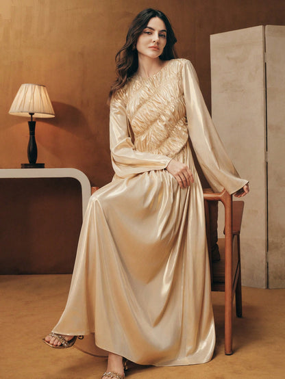 Elegant Asymmetrical Pleated Drawstring Flare Sleeve Metallic Fabric Long Dress, Suitable For Festivals, Celebrations, Casual Kaftan Robe Gown