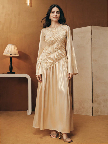 Elegant Asymmetrical Pleated Drawstring Flare Sleeve Metallic Fabric Long Dress, Suitable For Festivals, Celebrations, Casual Kaftan Robe Gown