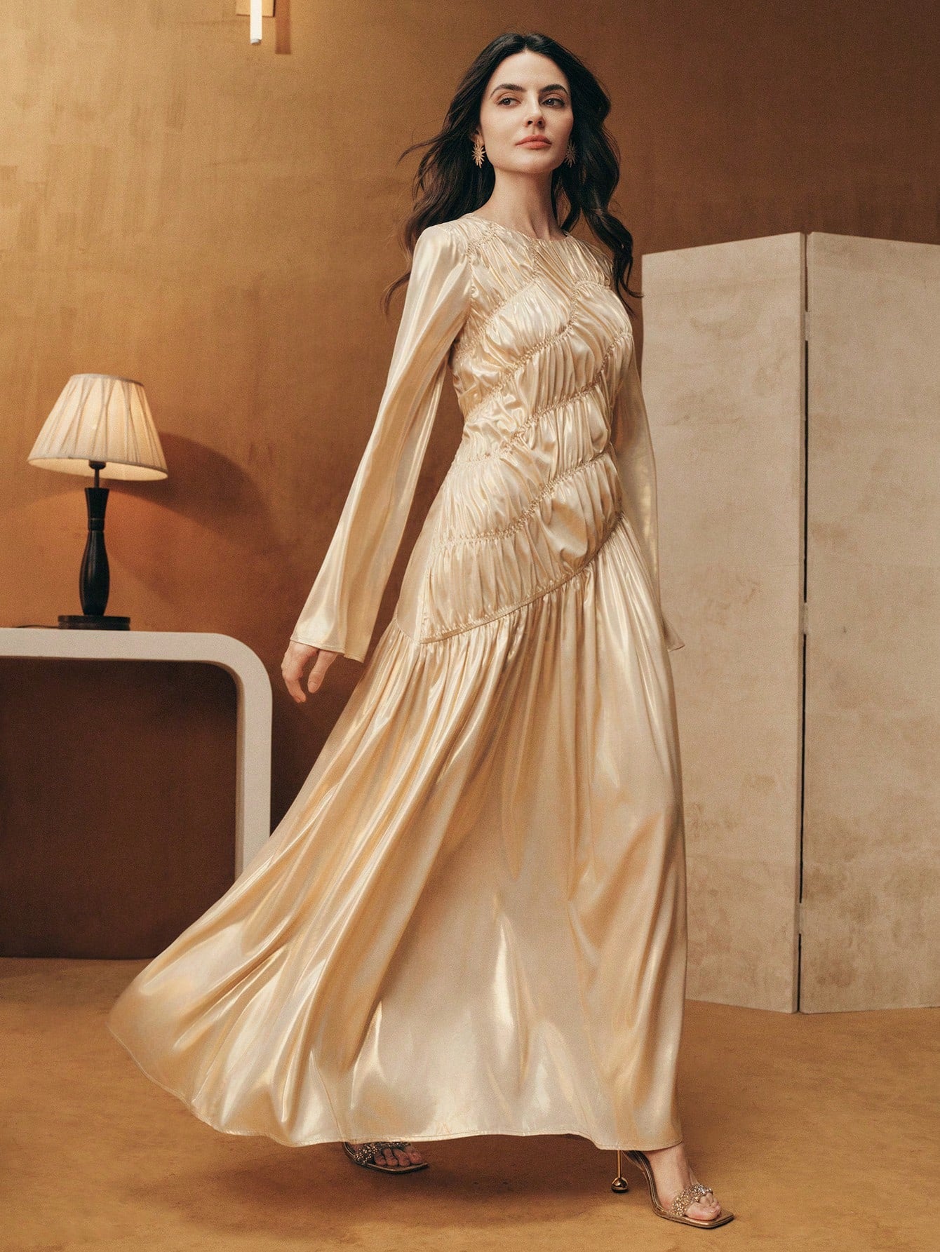 Elegant Asymmetrical Pleated Drawstring Flare Sleeve Metallic Fabric Long Dress, Suitable For Festivals, Celebrations, Casual Kaftan Robe Gown