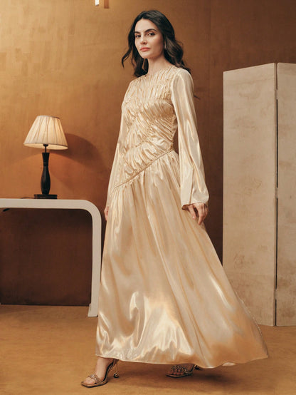 Elegant Asymmetrical Pleated Drawstring Flare Sleeve Metallic Fabric Long Dress, Suitable For Festivals, Celebrations, Casual Kaftan Robe Gown